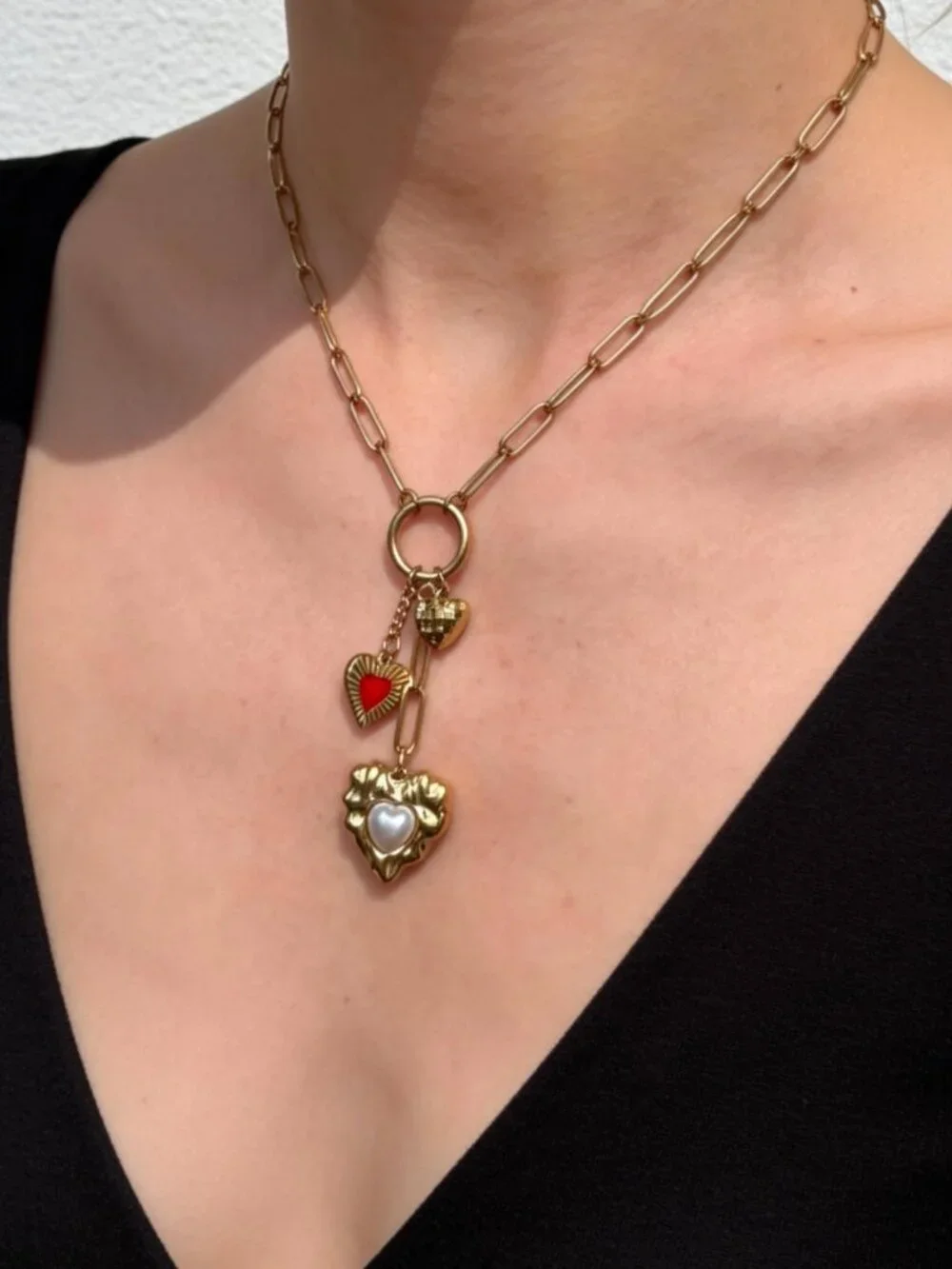 Gold Multi Heart Charm Necklace Stainless Steel - Picture 3 of 13